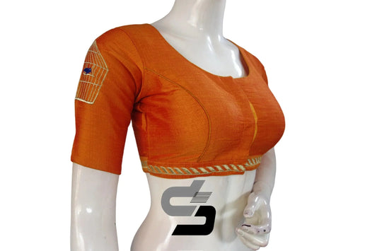 Mustard Orange High Neck Designer Embroidery Saree Blouses - Embrace Sophistication! - D3blouses