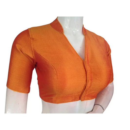 Mustard Semi Raw Silk Saree Blouse – Collar Neck, Stitched & Ready to Wear with Cotton Lining - D3blouses