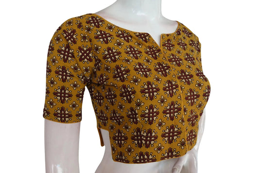Mustard Yellow Color Ajrakh Boat Neck Cotton Readymade Blouse, Summer Collection Online - D3blouses