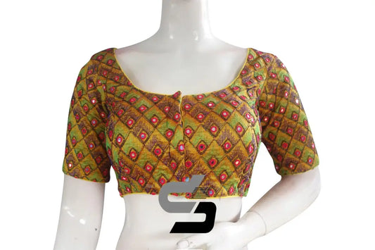 Mustard Yellow Color Peacock Embroidery Foil Mirror Readymade Saree Blouse With Matching Mask - D3blouses