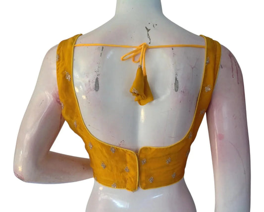 Mustard Yellow Organza Sequin Embroidered Sleeveless Readymade Blouse - D3blouses