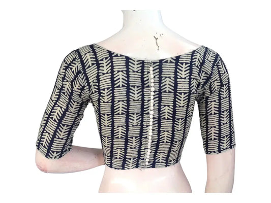 Navy Blue Boat Neck Saree Blouse | Hand loom Cotton Ready made Saree Blouse | Made in India - D3blouses