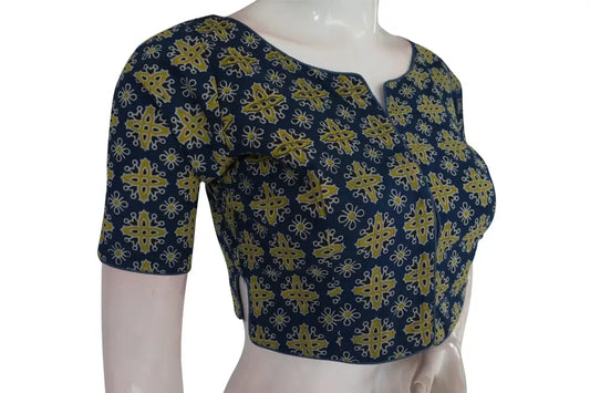 Navy Blue Color Ajrakh Boat Neck Cotton Readymade Blouse, Indian Designer Blouse - D3blouses