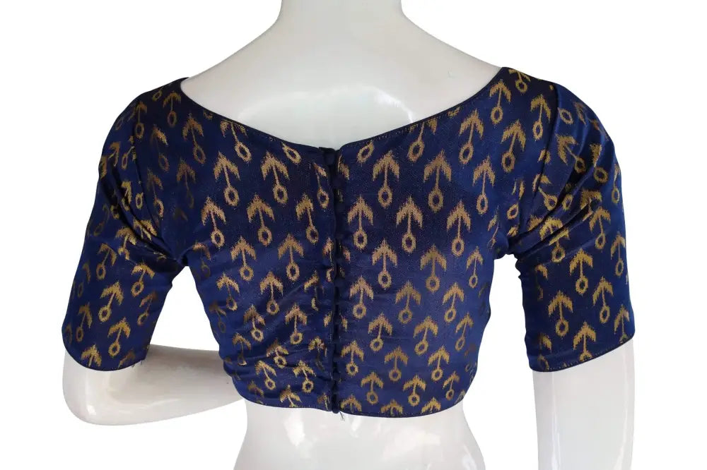 Navy Blue Color Brocade Silk Designer Boat Neck Readymade saree blouse with Potli Button - D3blouses