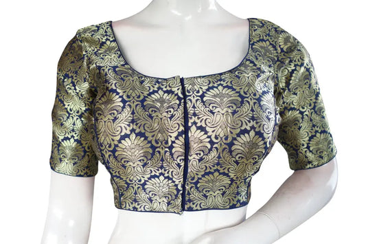 Navy Blue Color Brocade Silk Readymade Saree Blouse, Indian Readymade Blouse - D3blouses