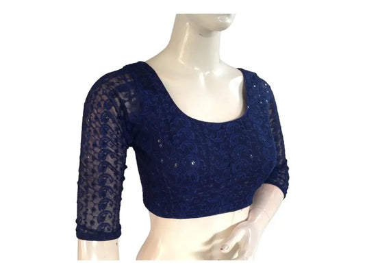 Navy Blue Color Chikankari Embroided Readymade Saree Blouse - D3blouses