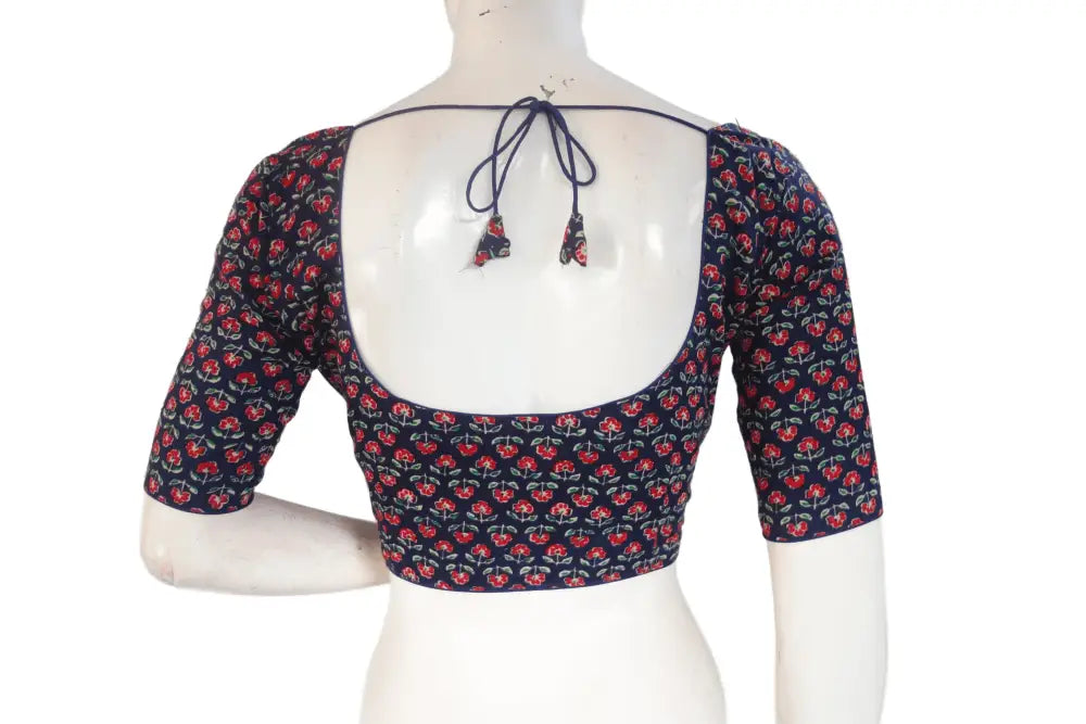 Navy Blue Color Cotton Printed Readymade Saree Blouse - D3blouses