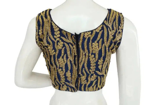Navy Blue Color Designer Embroidered Readymade Blouse - D3blouses