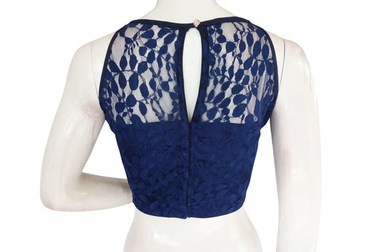 Navy Blue Color Designer Floral Embossed Net Sleeveless Readymade saree blouse, Indian saree Readymade blouse - D3blouses