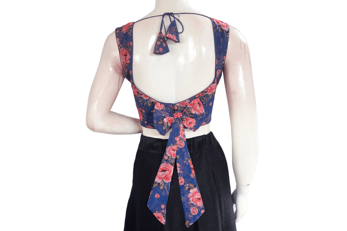 Navy Blue Color Designer Organza Sleeveless Readymade Saree Blouse With Tassels - D3blouses