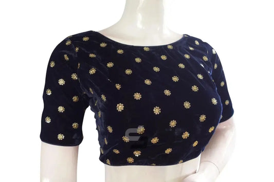 Navy Blue Color Designer Velvet Sequin Readymade Saree Blouse - D3blouses