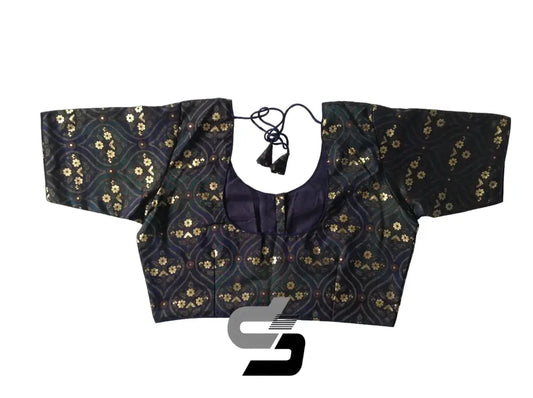 Navy Blue Color Plus Size Printed Silk Readymade Saree Blouses/ Indian Designer Blouse - D3blouses