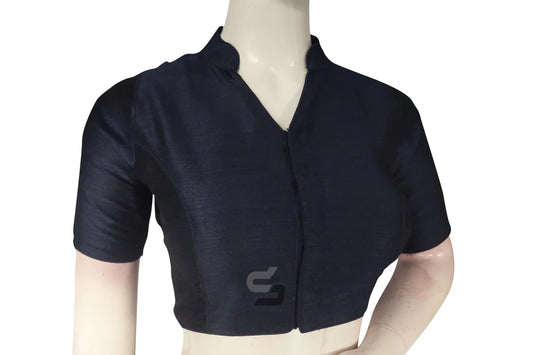 Navy Blue Color Semi Silk Plain Collar Neck Readymade Blouse - D3blouses