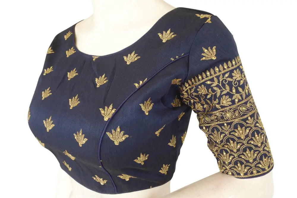 Navy Blue Embroidery Boat Neck Party Wear Readymade Blouse - D3blouses