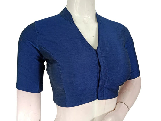 Navy Blue Semi Raw Silk Saree Blouse – Collar Neck, Stitched & Ready to Wear with Cotton Lining & Padding - D3blouses