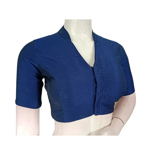 Navy Blue Semi Raw Silk Saree Blouse – Collar Neck, Stitched & Ready to Wear with Cotton Lining & Padding - D3blouses