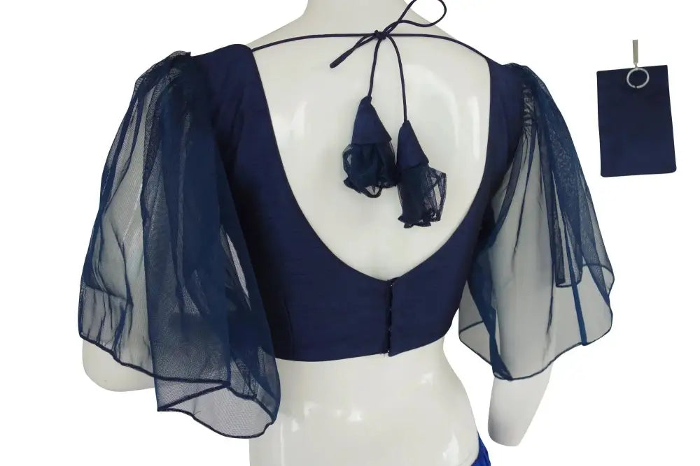 Navy Majesty, Designer Ruffle Sleeves Readymade Saree Blouse, Indian Silk with Mobile Pouch - D3blouses