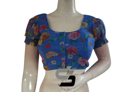 Ocean Breeze, Blue Organza Fancy Frill Puff Sleeves Blouse for Sarees - D3blouses