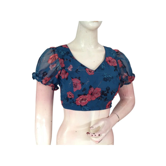 Oceanic Dream: Teal Blue Organza Puff Sleeve Readymade Blouse - D3blouses