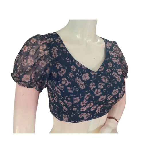 Oceanic Teal Blue Color Organza Puff Sleeve Readymade Blouse - D3blouses