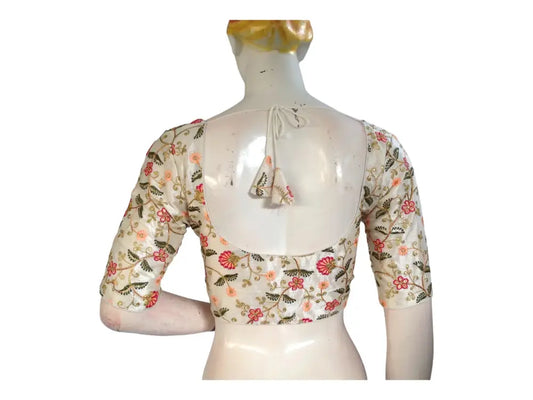 Off White Color Semi Silk Designer Floral Embroidery Saree Readymade Blouse - D3blouses