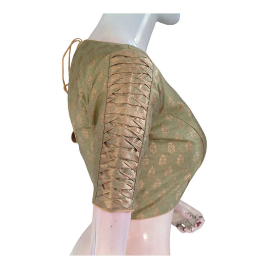 Olive Green Brocade Silk Readymade Blouse | Gold Butta & Designer Sleeves - D3blouses
