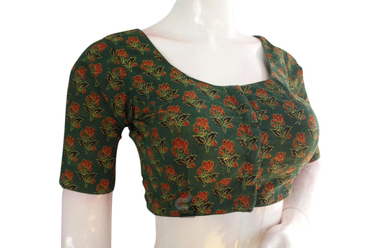 Olive Green color Ajrakh Cotton Readymade Saree Blouse, Indian Summer Colletion - D3blouses