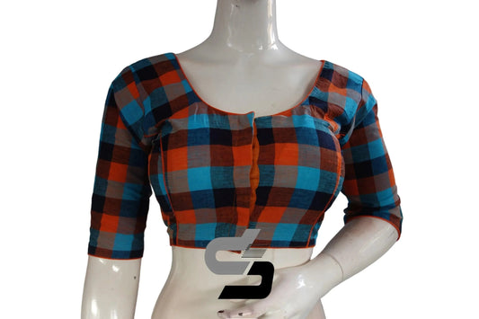 Orange 3/4 th Cotton Checks Readymade saree blouse , Indian Cotton Readymade blouse - D3blouses