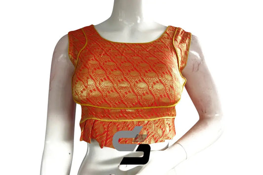 Orange Color Sleeveless Brocade Designer Party Wear Readymade Blouse/ Indian Crop Tops - D3blouses