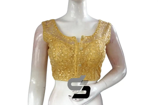 Pastal Yellow Color Netted Embroidery Designer Readymade Blouse - D3blouses