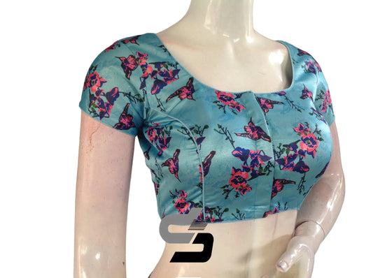 Pastel Blue Color Satin Printed Readymade saree Blouse With Short Sleeves and Matching Mask - D3blouses