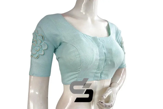 "Pastel Blue Elegance: Designer Jute Embroidery Readymade Saree Blouses" - D3blouses