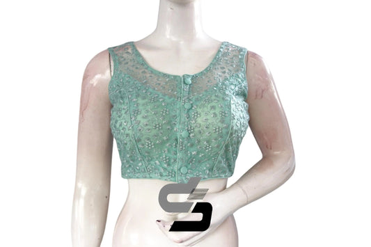 Pastel Green Color Netted Embroidery Designer Readymade Blouse - D3blouses