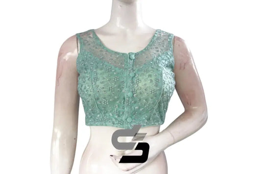 Pastel Green Color Netted Embroidery Designer Readymade Blouse - D3blouses