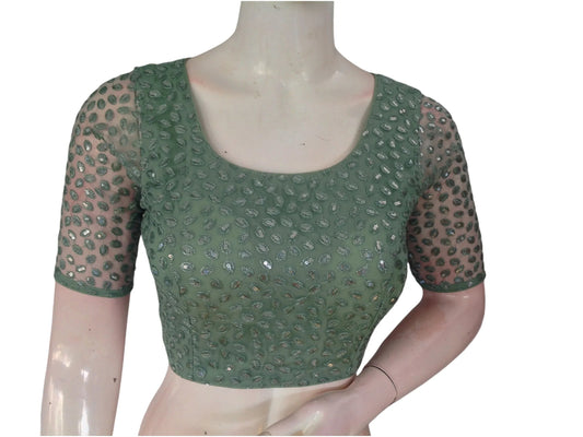 Pastel Green Serenity: Netted Designer Saree Blouse - D3blouses