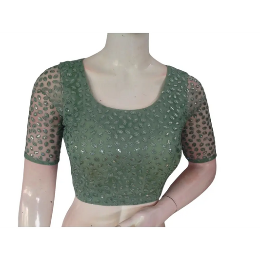 Pastel Green Serenity: Netted Designer Saree Blouse - D3blouses