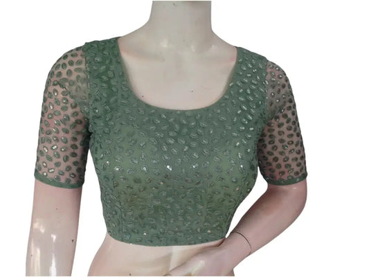 Pastel Green Serenity: Netted Designer Saree Blouse - D3blouses