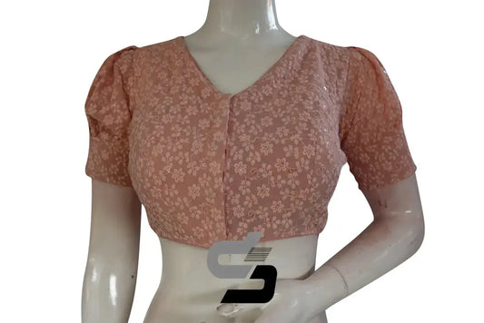 Peach Perfection: High Neck Chikankari Saree Blouse with Puff Sleeves - D3blouses