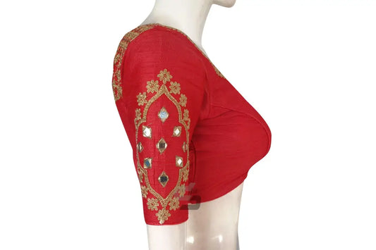 Peach Pink Embroidered High Neck Saree Blouse - Designer Elegance - D3blouses