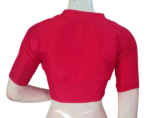 Pink Semi Raw Silk Saree Blouse – Collar Neck, Stitched & Ready to Wear with Cotton Lining - D3blouses
