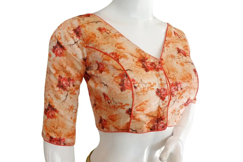 Printed Silk V-neck Designer Readymade Blouse - D3blouses