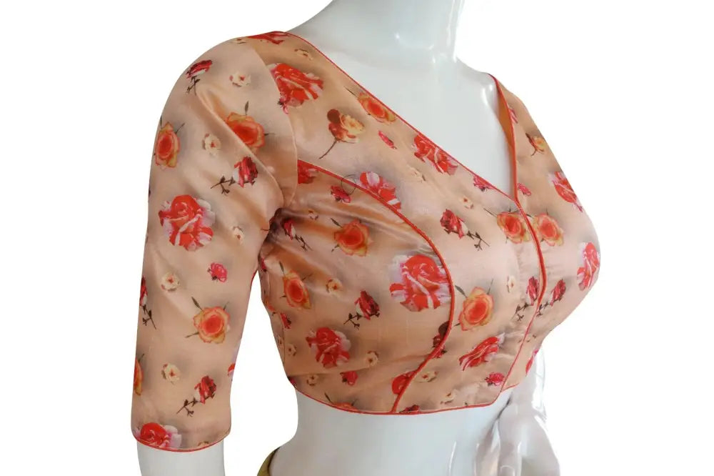 Printed Silk V-neck Designer Readymade Blouse - D3blouses