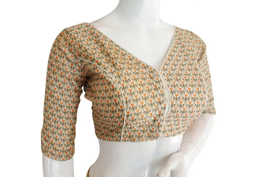Printed Silk V-neck Designer Readymade Blouse - D3blouses