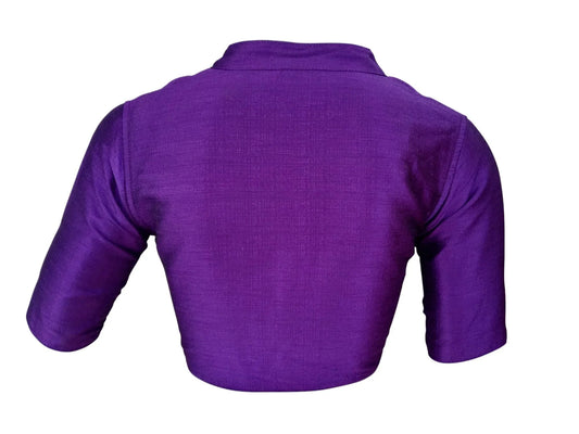 Purple Semi Raw Silk Saree Blouse – Collar Neck, Stitched & Ready to Wear with Cotton Lining - D3blouses