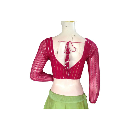 Radiant Magenta Net Sequin Blouse with Bracelet Sleeves - D3blouses