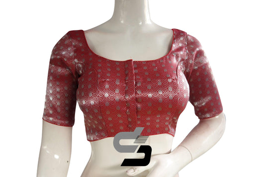 Red And Silver Mixed Brocade Silk Readymade Saree Blouse - D3blouses