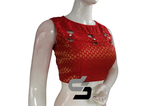 Red Color Boat Neck Brocade silk Readymade saree blouse, Indian Readymade blouse, Crop top, - D3blouses