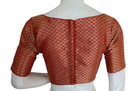 Red Color Brocade Silk Designer Boat Neck Readymade saree blouse with Potli Button , Indian Silk saree Readymade blouse - D3blouses