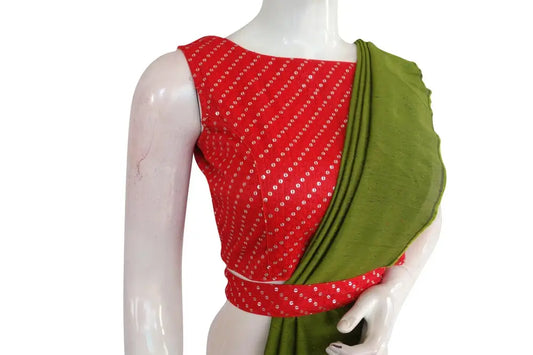 Red Color Georgette Sequin Boat neck Designer Readymade Blouse with Saree Belt - D3blouses
