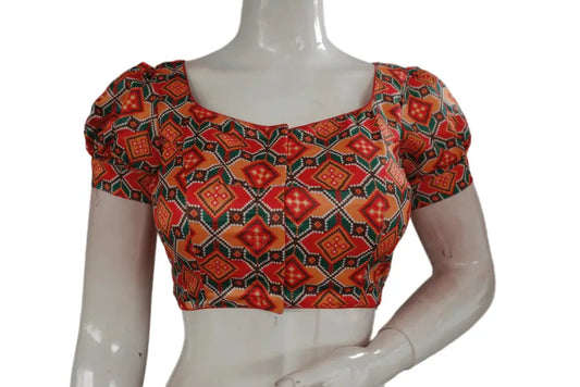 Red Color Satin Printed Designer Readymade Blouse With Puff Sleeves - D3blouses
